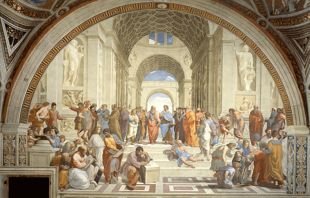 Raphael's School of Athens in black and white, with detection boxes naming Plato, Aristotle, Socrates, Pythagoras, Heraclitus, Diogenes and Euclid.