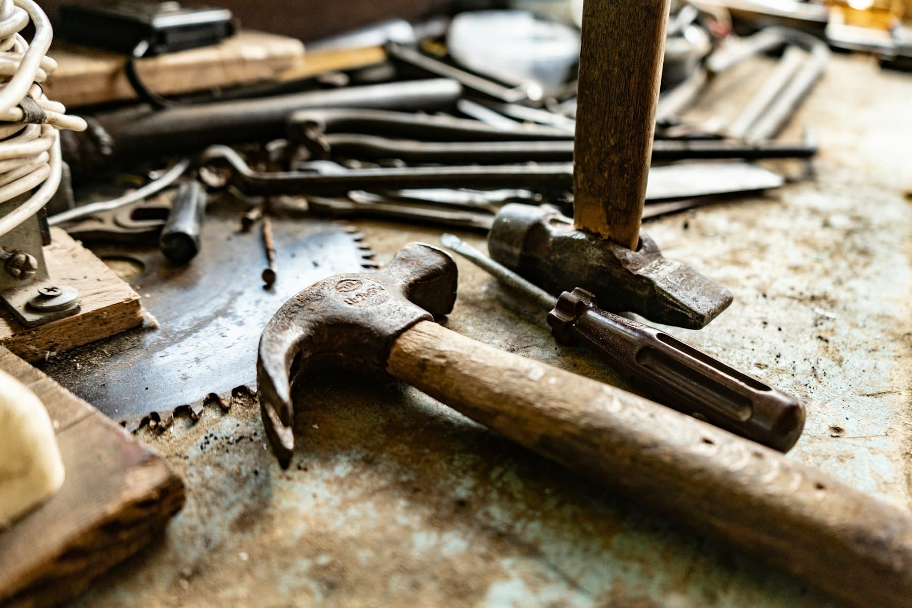 Old hand tools on a workbench